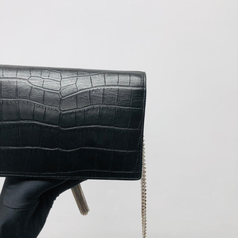 Classic Monogram Kate Tassel WOC in Black Crocodile Embossed Leather