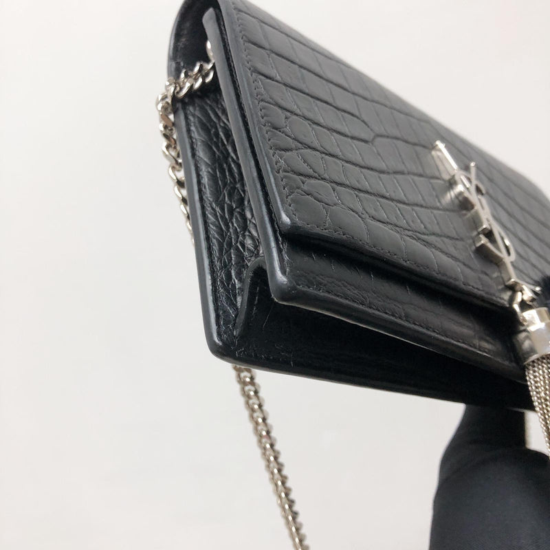 Classic Monogram Kate Tassel WOC in Black Crocodile Embossed Leather