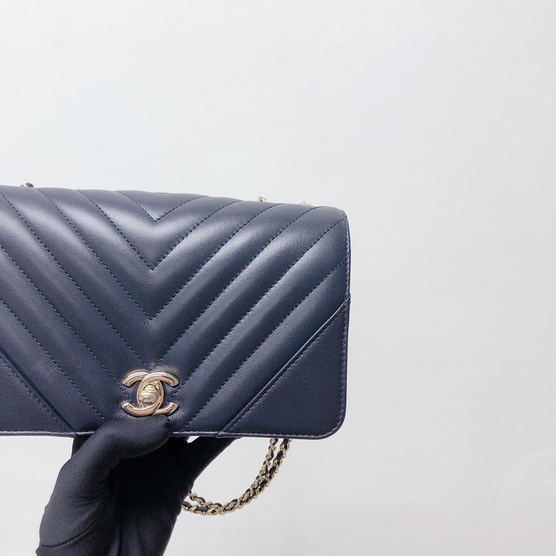Calfskin Chevron Quilted Mini Statement Flap Navy Blue