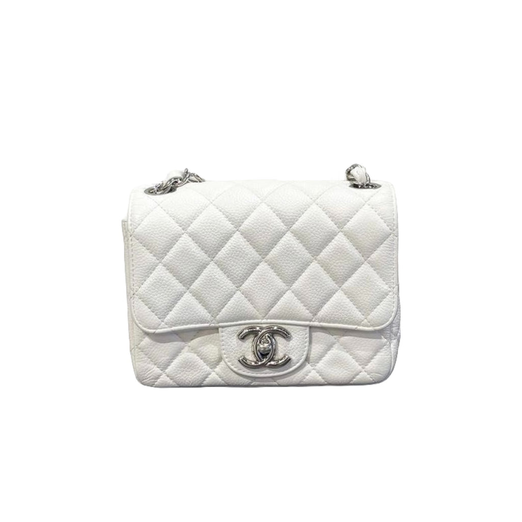 Square Mini Flap Caviar White SHW