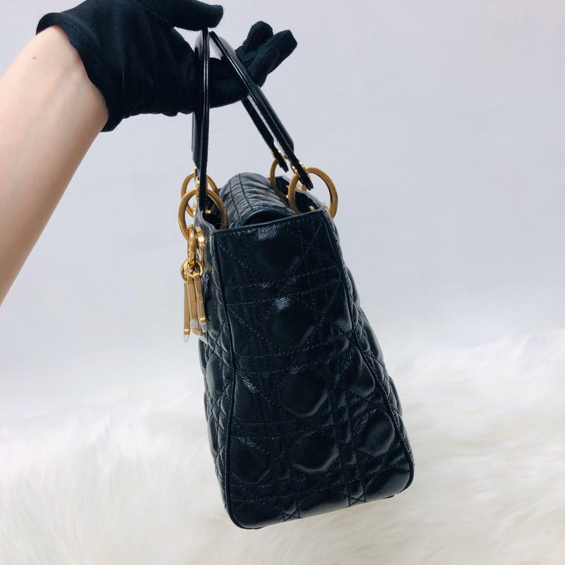 Lady Dior Bag Cannage Lambskin Leather Medium Black with Embellished Strap