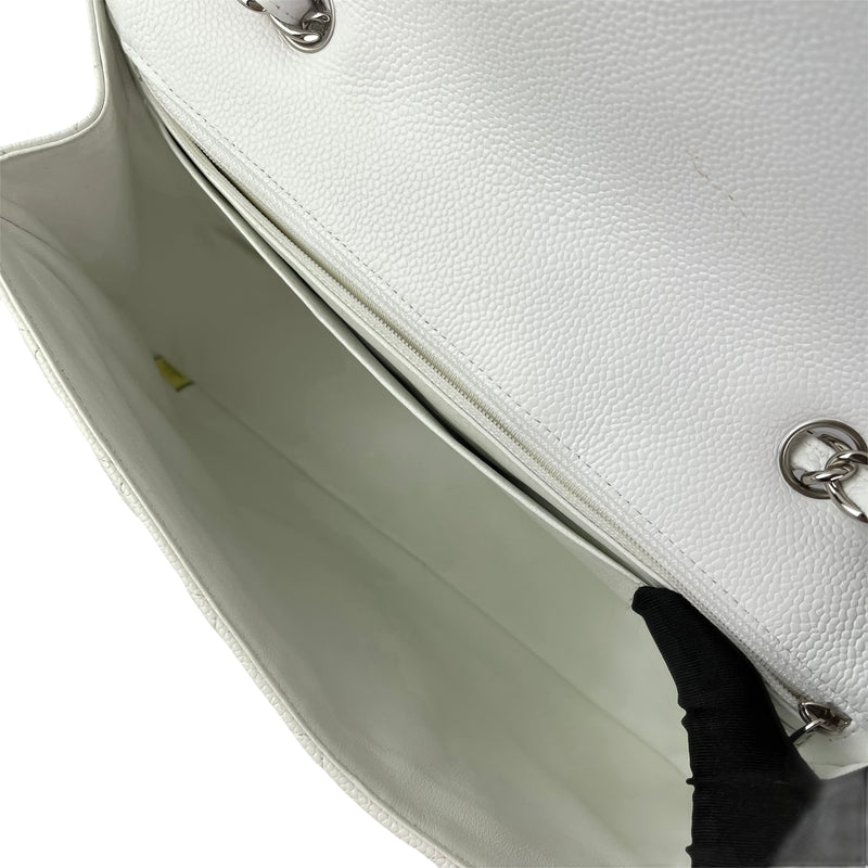 Classic Single Flap Jumbo Bag in White Caviar with SHW