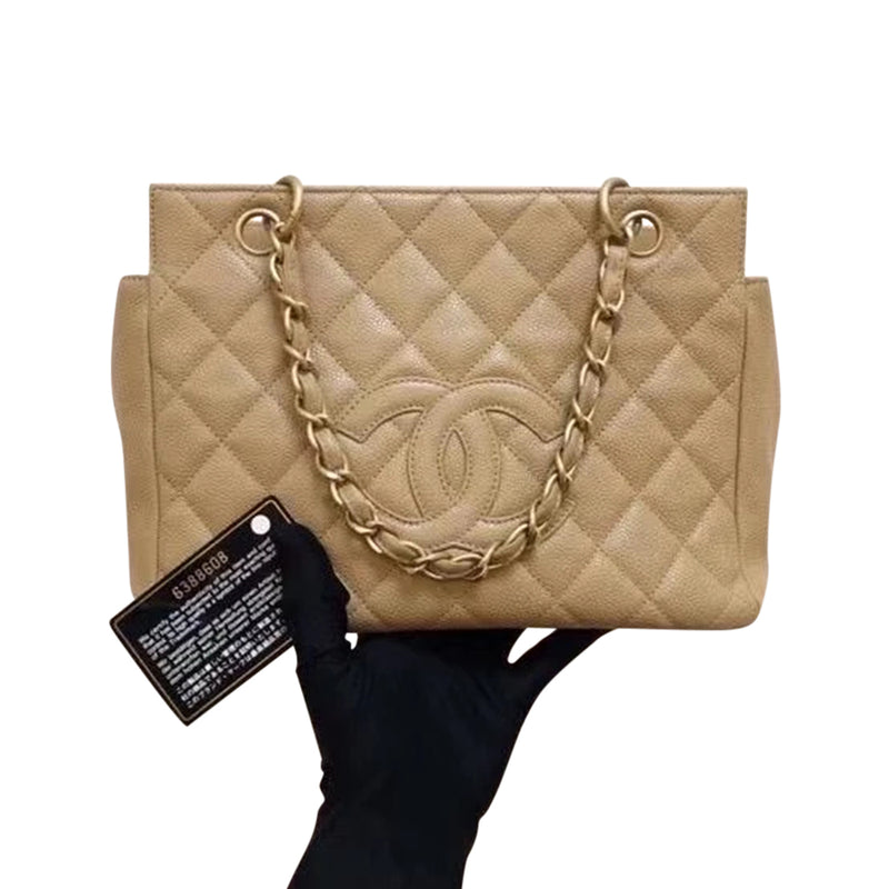 Petite Timeless tote in Beige Caviar with GHW