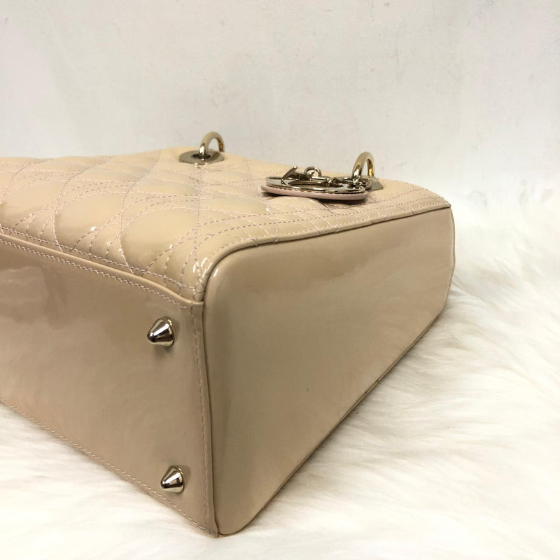 Christian Dior Beige Cannage Quilted Patent Leather Medium Lady Dior Bag