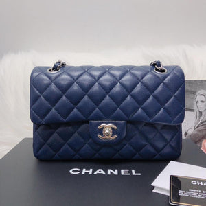 Small Double Flap Bag in Navy Blue Caviar with SHW