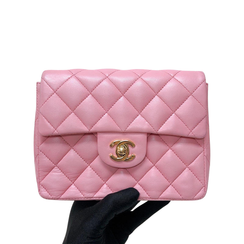 Chanel mini square flapbag fuchsia lambskin ghw