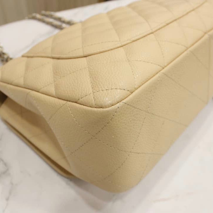 New Single Flap Caviar Jumbo in Light Beige Silver Hardware