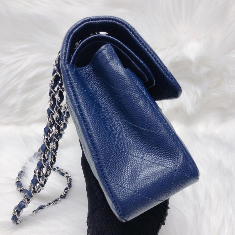 Small Double Flap Bag in Navy Blue Caviar with SHW