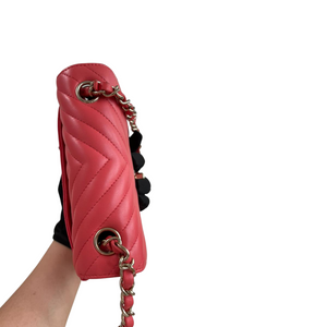 Square Mini Flap Chevron Coral Lambskin Leather Bag LGHW