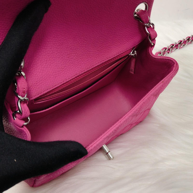Square Mini Flap Bag Quilted Caviar Leather with SHW Hot Pink