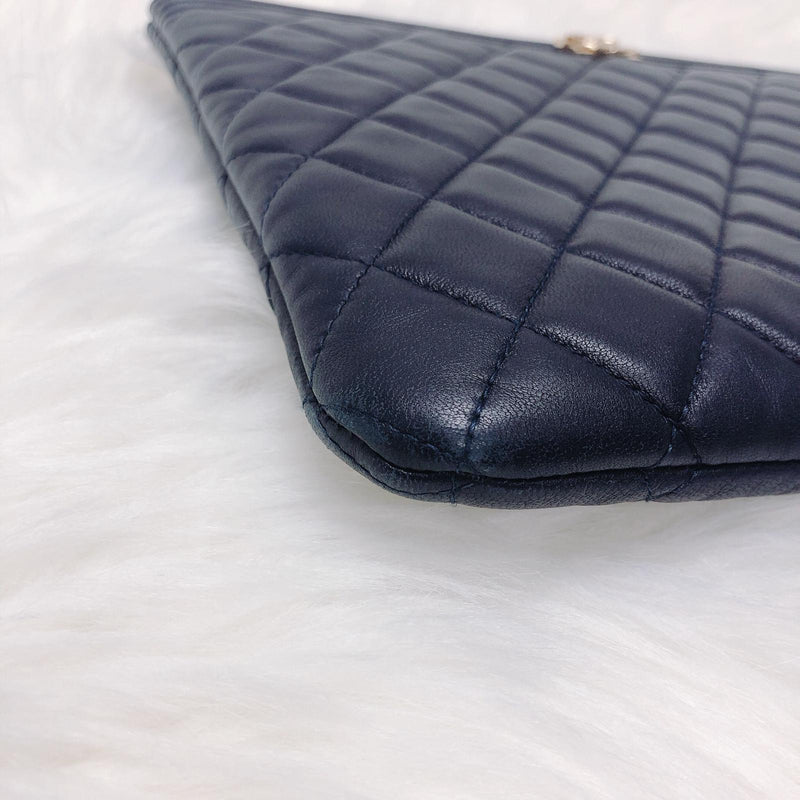 Lambskin O Case Quilted Navy Blue Large Boy Zip Pouch