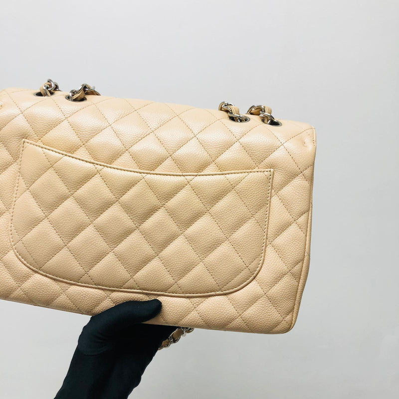 Single Flap Jumbo in Beige Caviar Leather with SHW