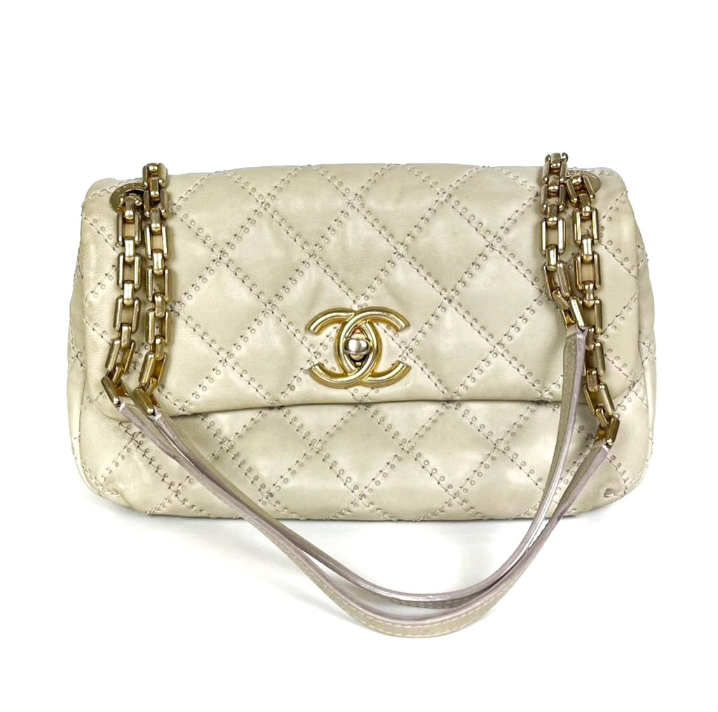Calfskin Quilted Medium Wild Stitch Flap Beige