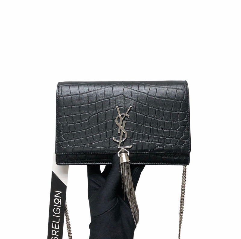 Classic Monogram Kate Tassel WOC in Black Crocodile Embossed Leather