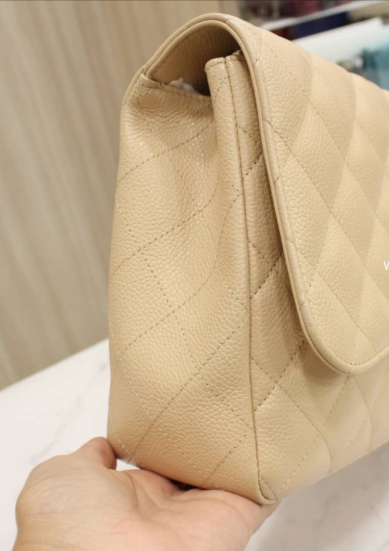 New Single Flap Caviar Jumbo in Light Beige Silver Hardware