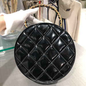 Vanity Case Vintage Round Top Handle Quilted Black Patent Leather Clutch