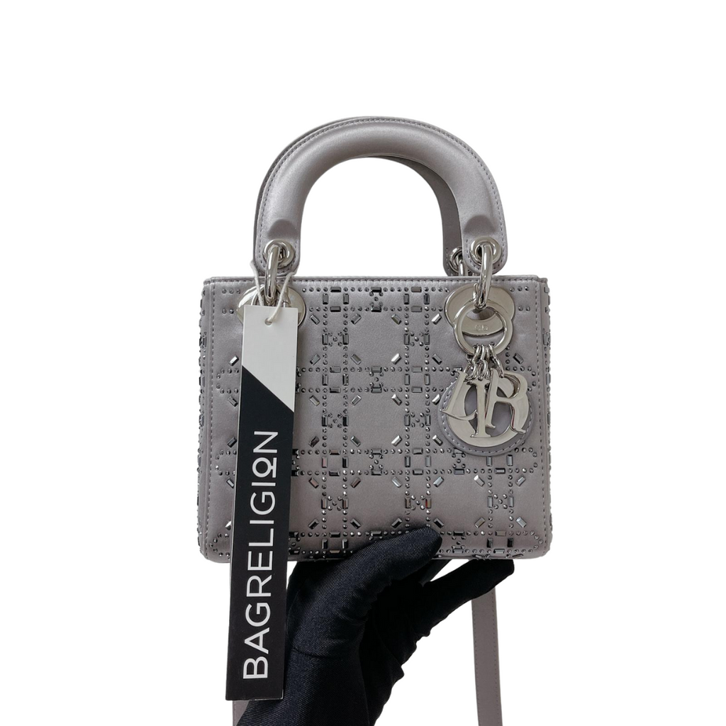 Embellished Cannage Satin Mini Lady Dior Grey