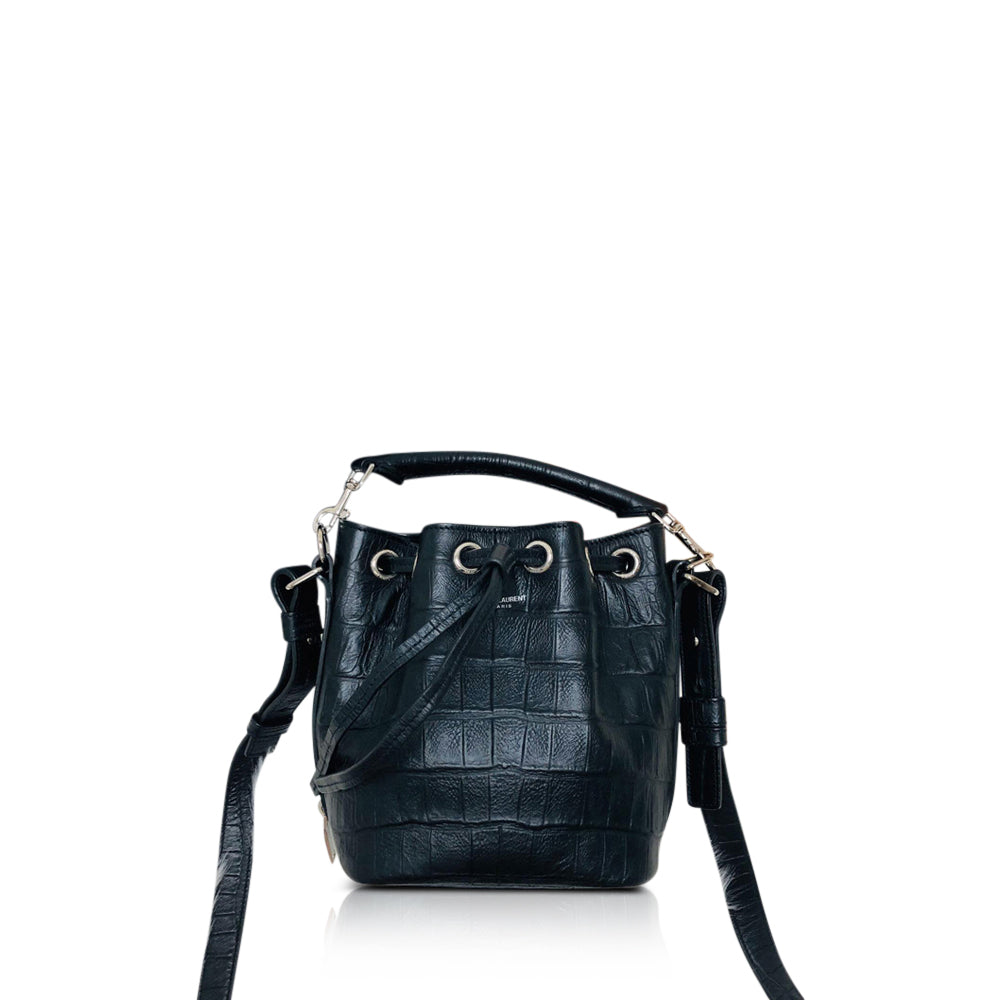 Crocodile Embossed Calfskin Leather Emmanuelle Bucket Bag Medium Black