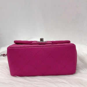 Square Mini Flap Bag Quilted Caviar Leather with SHW Hot Pink