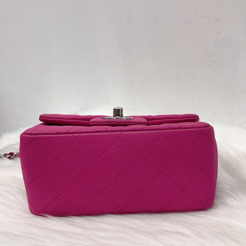 Square Mini Flap Bag Quilted Caviar Leather with SHW Hot Pink