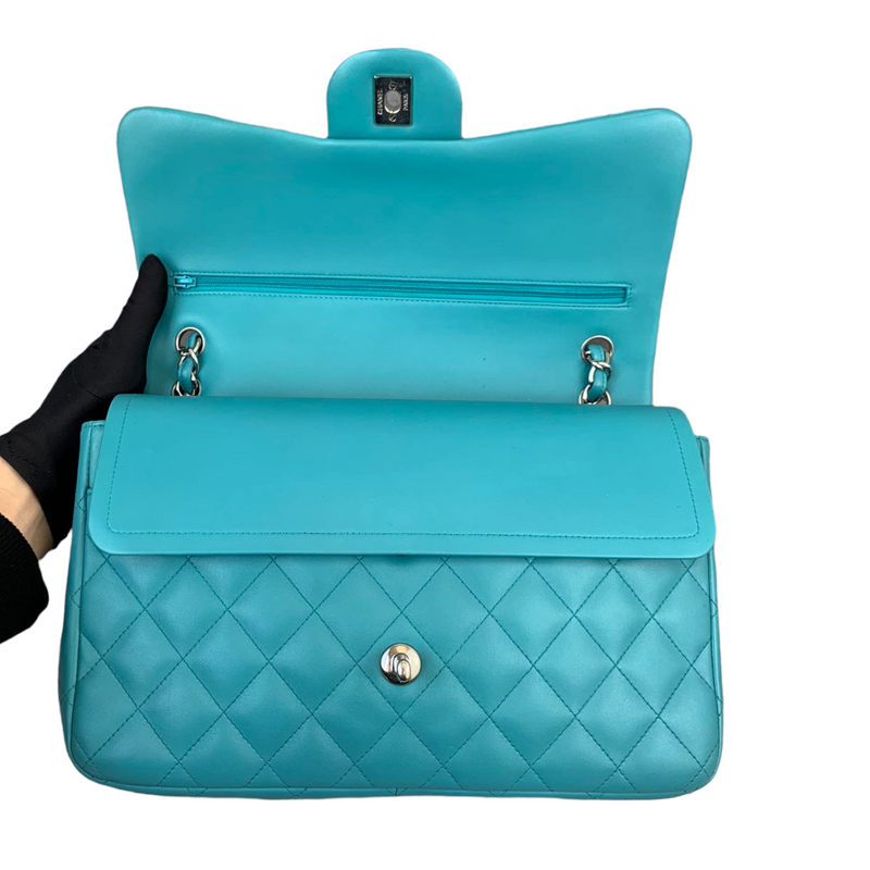 Double Flap Lambskin Jumbo Turquoise Blue SHW