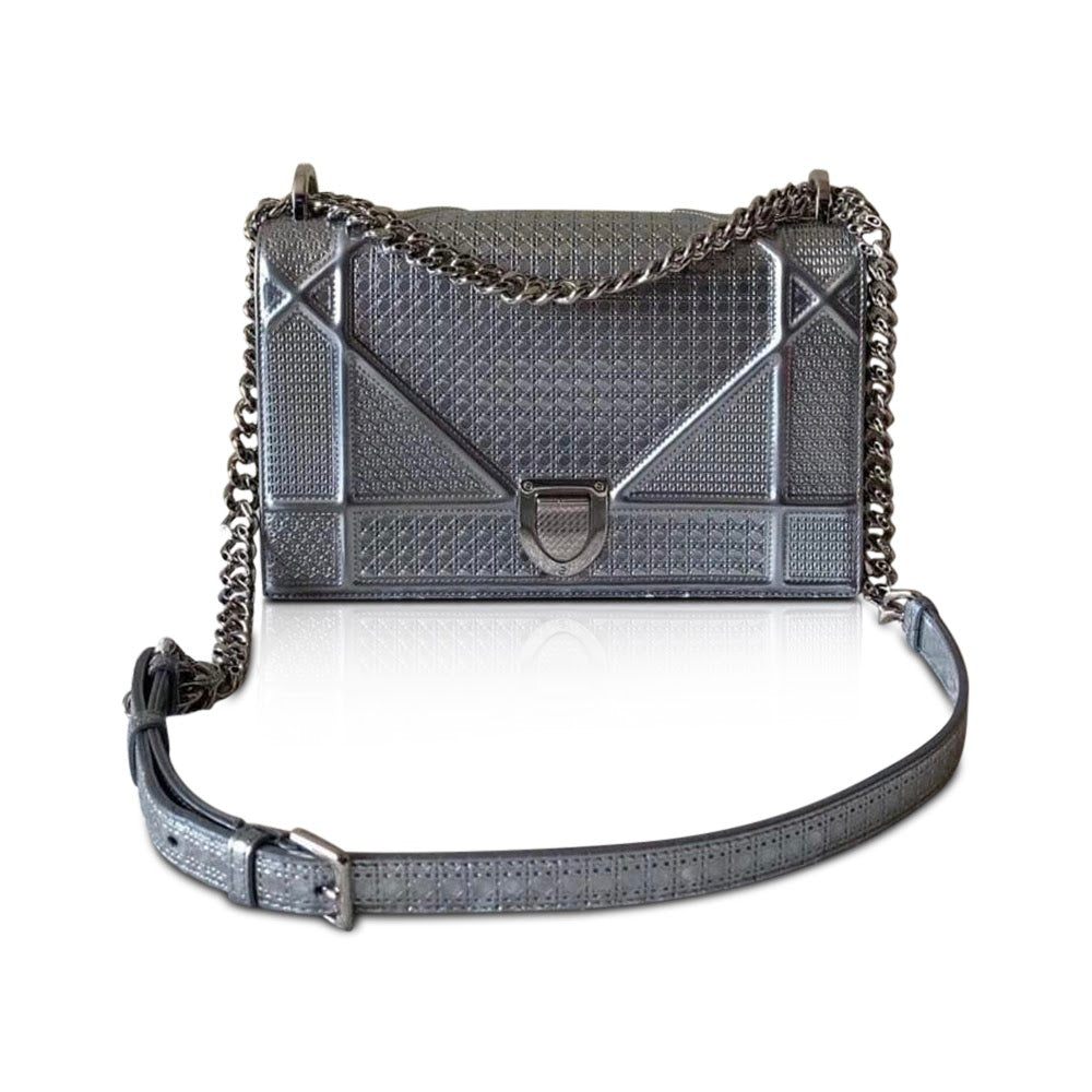 Diorama in Metallic Calfskin Silver Flap Bag Medium