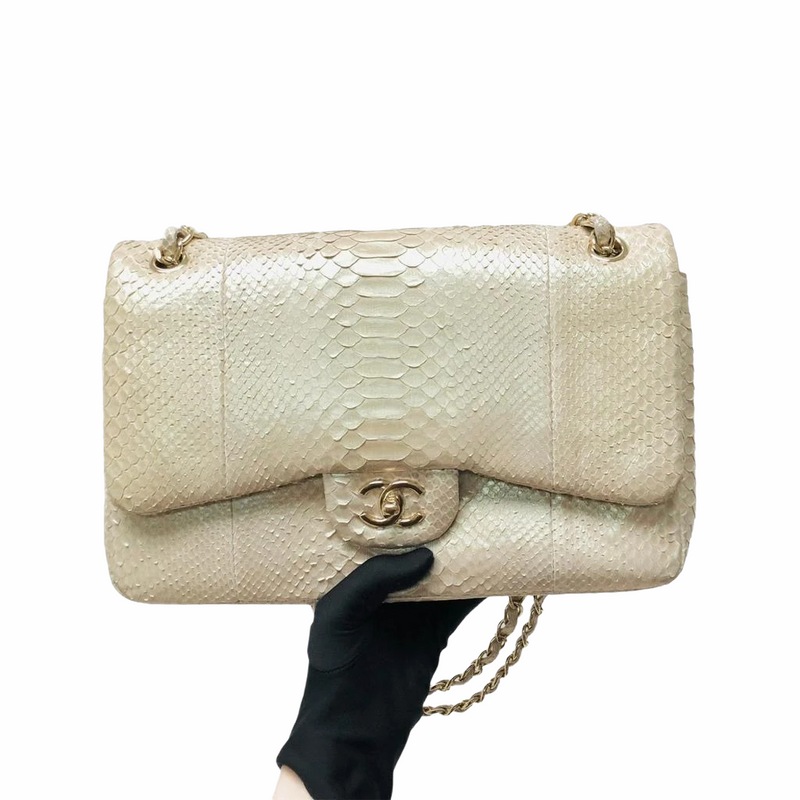 CHANEL Light Gold Python Westminster Pearls Flap Bag