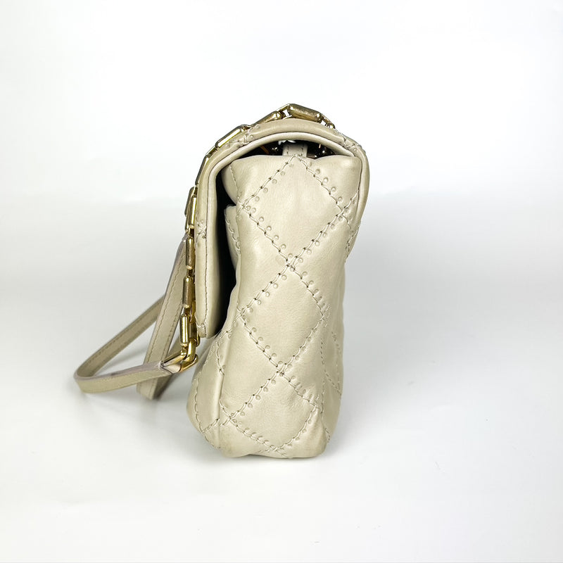 Calfskin Quilted Medium Wild Stitch Flap Beige