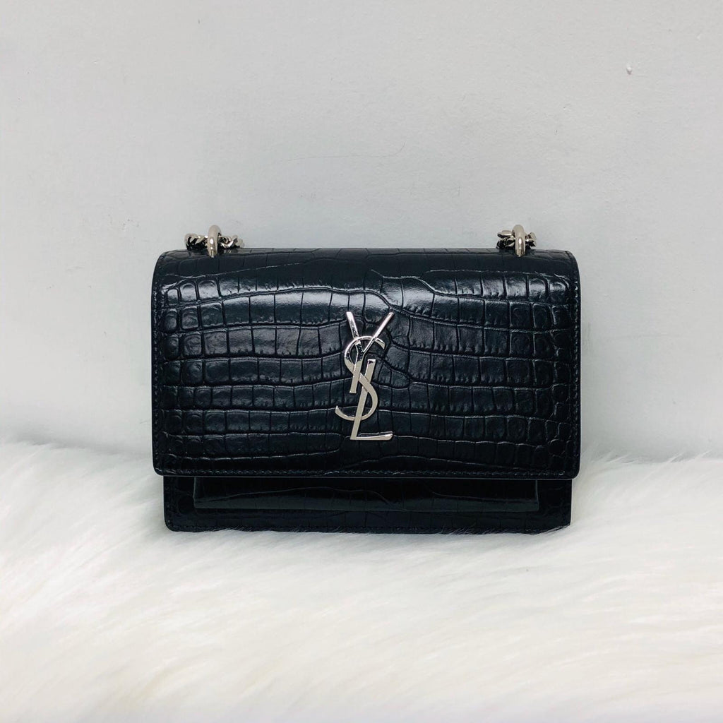 Mini Sunset Bag in Black Crocodile Embossed Leather