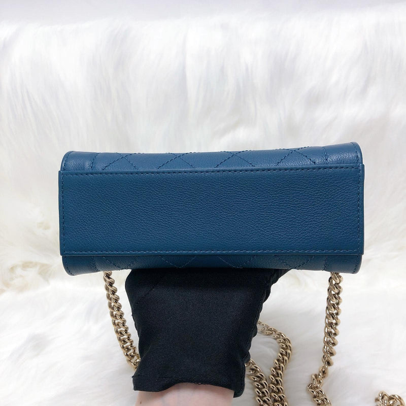 Grained Calfskin Stitched Mini Label Click Shopper Tote in Blue