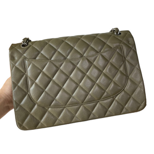 Classic Double Flap Jumbo Caviar Olive Green SHW