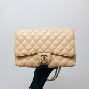 Single Flap Jumbo in Beige Caviar Leather with SHW