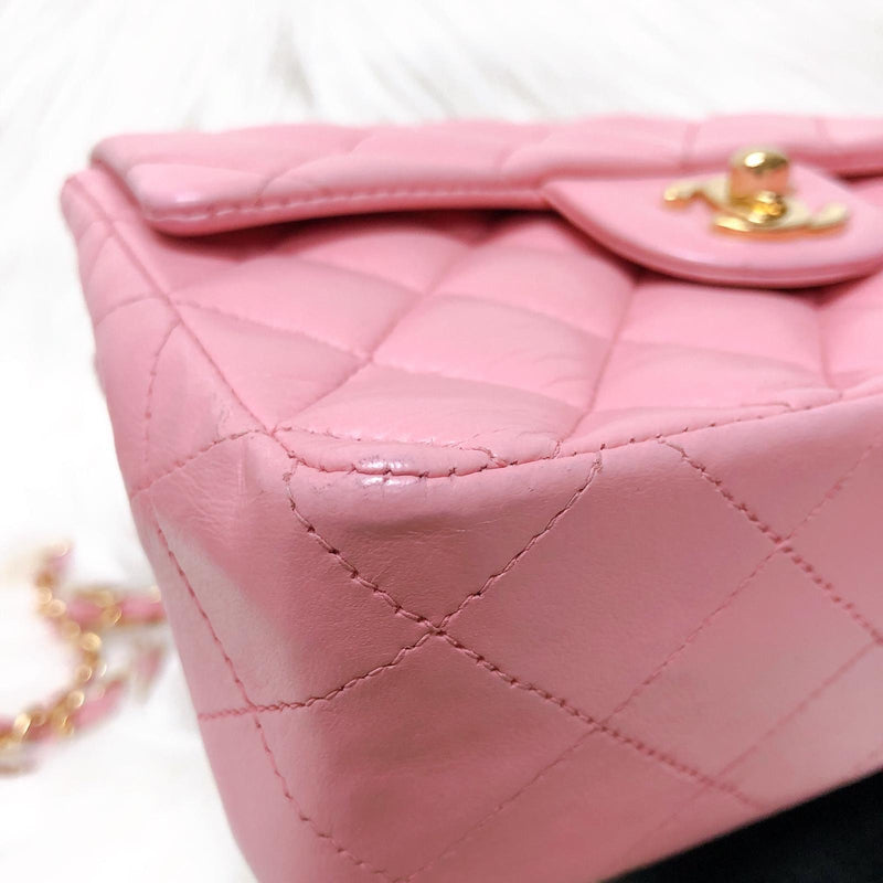 Vintage Mini Square Flap Bag in Pink Quilted Lambskin Leather GHW