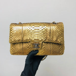 Classic Double Flap Gold M/L Python Bag with RHW