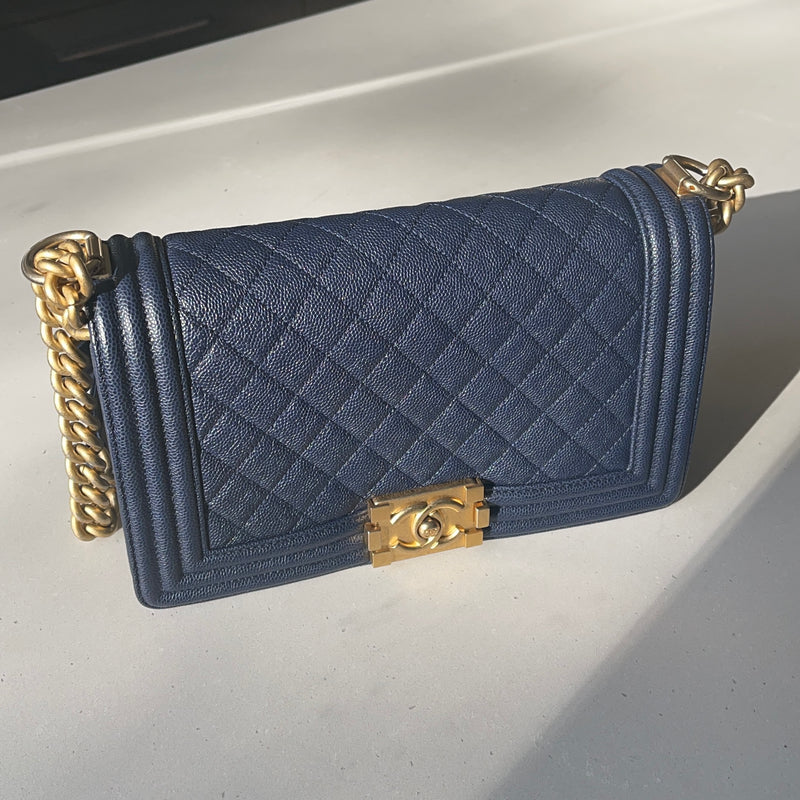 Chanel Blue Caviar Medium Boy Bag With Gold Hardware