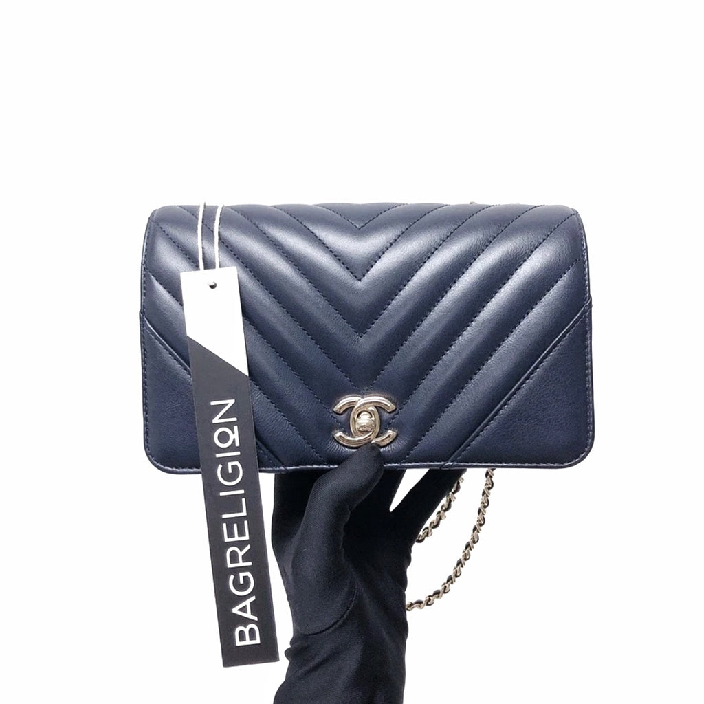 Calfskin Chevron Quilted Mini Statement Flap Navy Blue