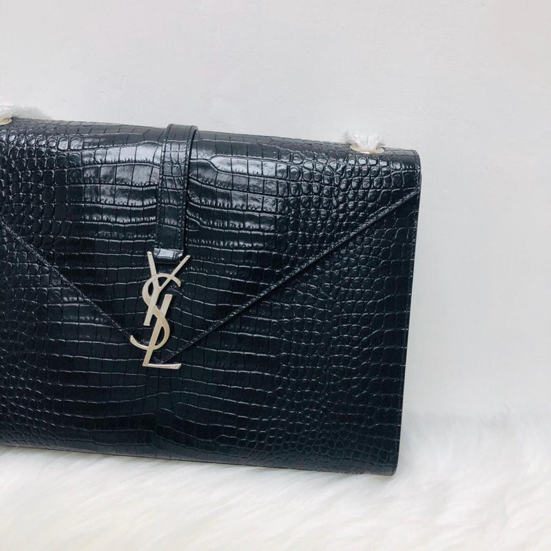 Envelope Large Bag in Croc Embossed Black Leather SHW