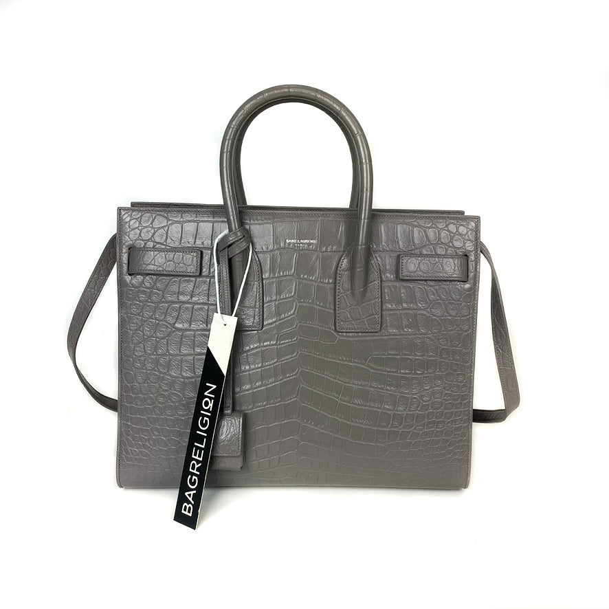 Small Sac De Jour in Crocodile-Embossed Leather Grey