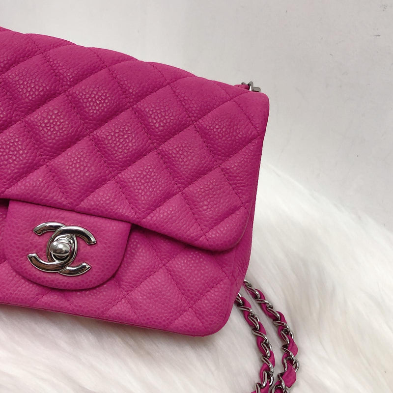 Square Mini Flap Bag Quilted Caviar Leather with SHW Hot Pink