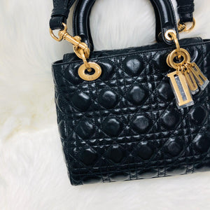 Lady Dior Bag Cannage Lambskin Leather Medium Black with Embellished Strap