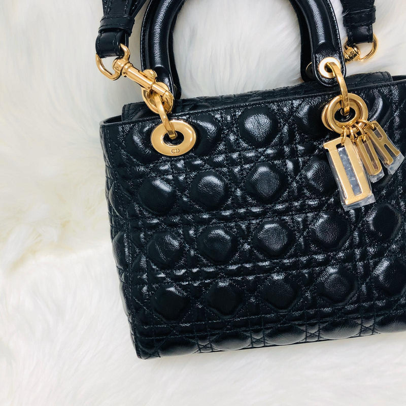 Lady Dior Bag Cannage Lambskin Leather Medium Black with Embellished Strap