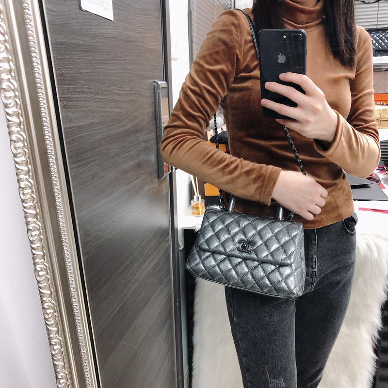 Quilted Mini Coco Handle Flap Silver
