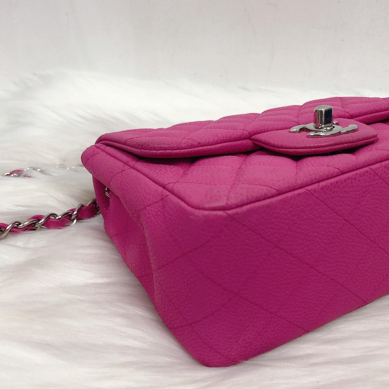 Square Mini Flap Bag Quilted Caviar Leather with SHW Hot Pink