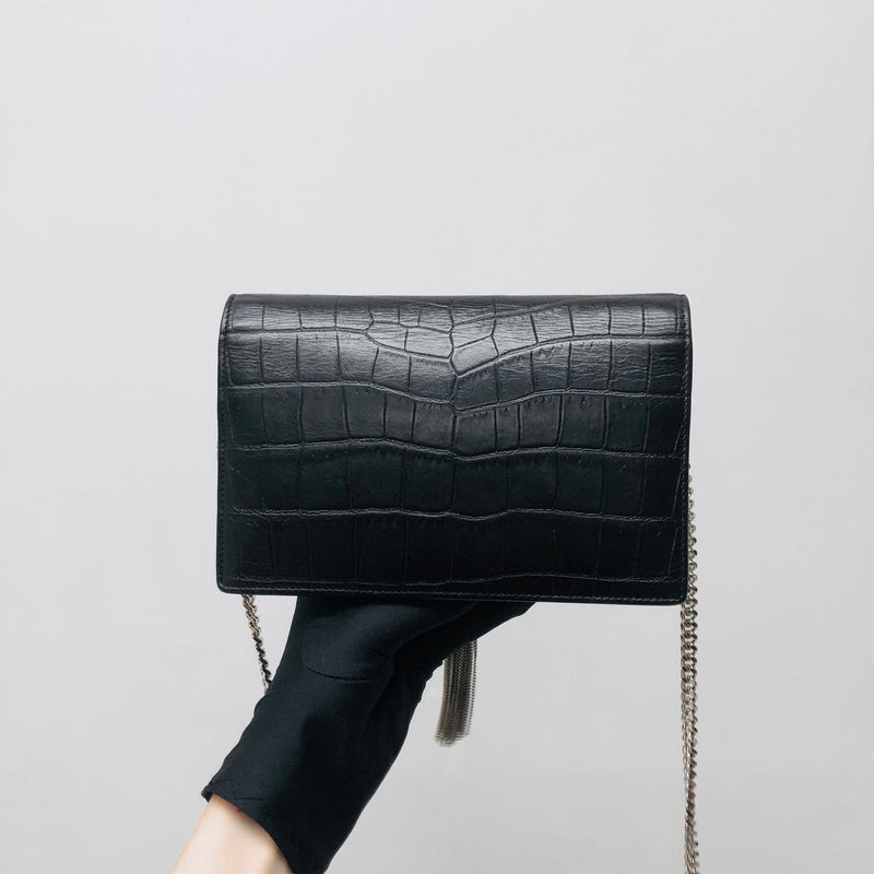 Classic Monogram Kate Tassel WOC in Black Crocodile Embossed Leather