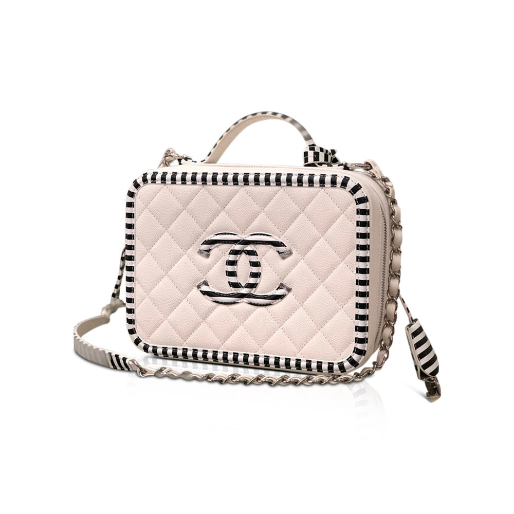 Chanel Filigree Vanity Case Quilted Caviar With Striped Leather Medium