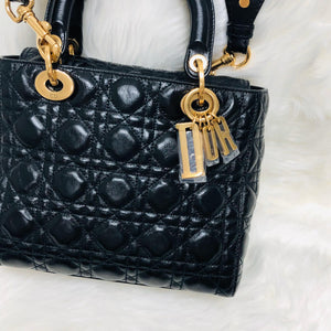Lady Dior Bag Cannage Lambskin Leather Medium Black with Embellished Strap