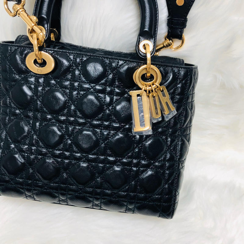 Lady Dior Bag Cannage Lambskin Leather Medium Black with Embellished Strap
