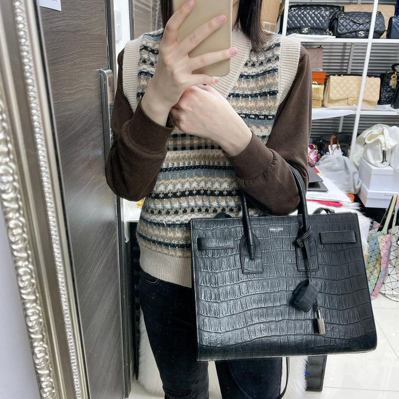 Small Sac De Jour in Crocodile-Embossed Leather Black