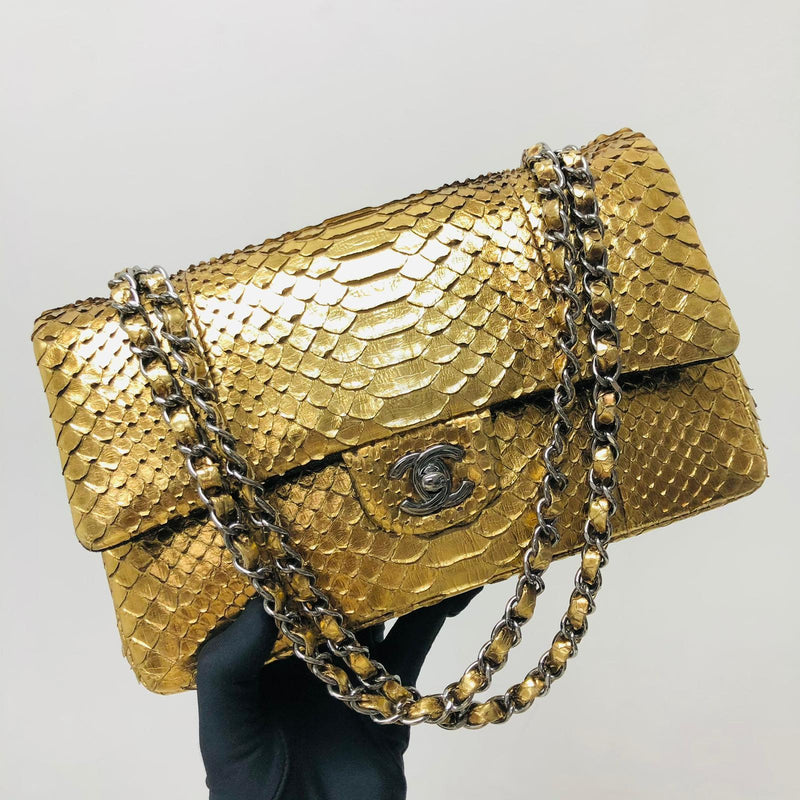 Classic Double Flap Gold M/L Python Bag with RHW