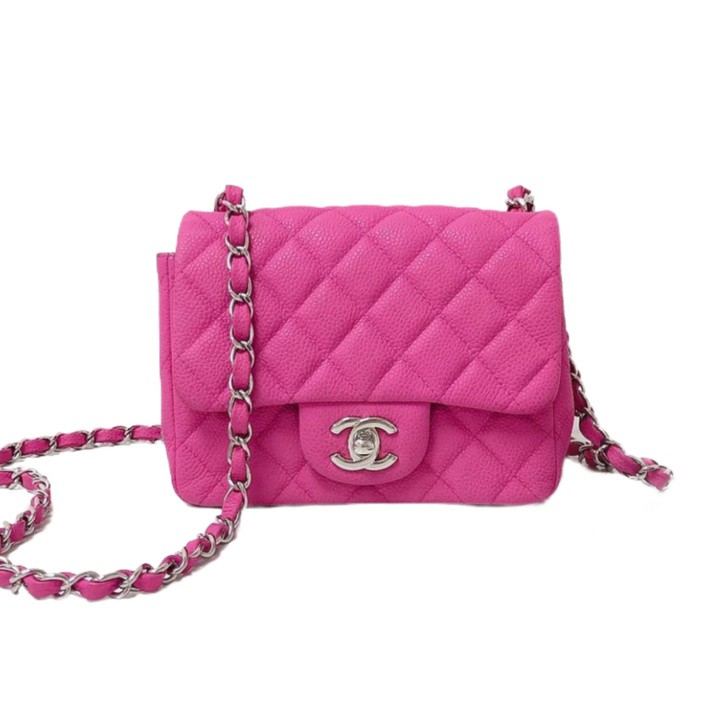 Square Mini Flap Bag Quilted Caviar Leather with SHW Hot Pink